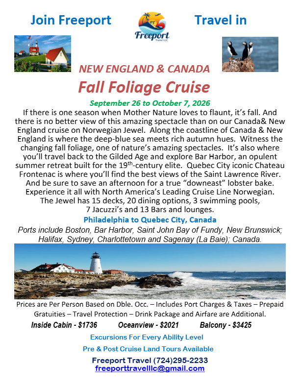 Cruise on Norwegians Jewel Fall Foliage  - Philadelphia to Quebec City, Canada September 26 to October 7, 2026