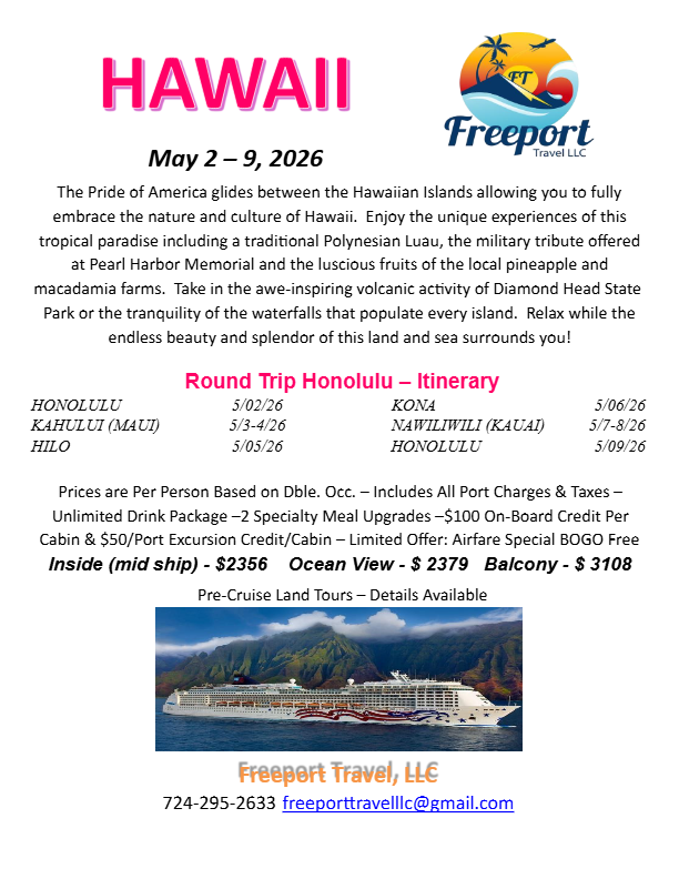 Round Trip Honolulu Cruise on Norwegian's Pride of America  May 2-9, 2026