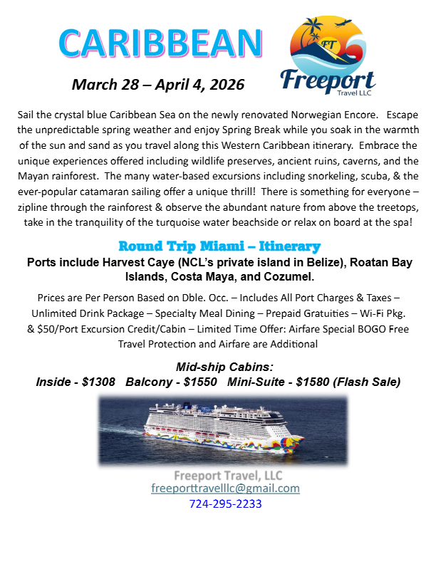 Cruise the Caribbean on the Norwegian Encore- March 28th-April 4th 2026